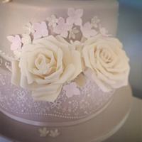 Vintage Lace, Pearls and Ivory Rose Wedding Cake 