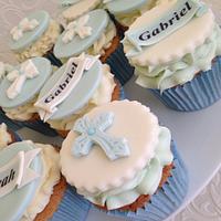Little blue train with peppa pig's George and matching cup cakes .christening cake 