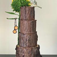 .Tree Stump Cake with Sunflower!.....