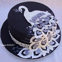 Silver & White Peacock on Black