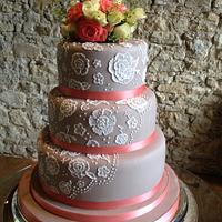 Coral & Taupe Wedding Cake with Brush Embroidery Lace