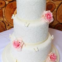 Ivory Damask and Pink Roses Wedding Cake
