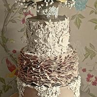 Lace, Ruffles and Vintage Rose Wedding cake