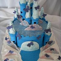 Blue & Silver Butterfly Castle in the Clouds Birthday Cake