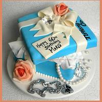 Gift Box Cake with Handmade peals - all edible except glass diamond