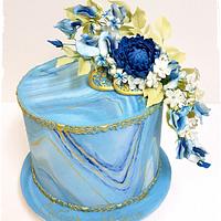 Floral Blue and Gold marble cake