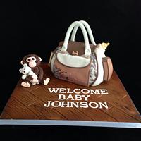 Monkey teddy and changing bag ,baby shower cake