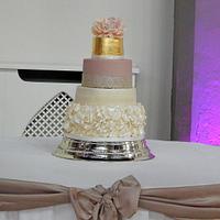 Gold Leaf Peony Rose & Vintage Lace Wedding Cake