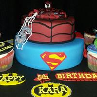 Spiderman, Batman and Superman cake with Avengers Cupcakes