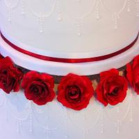 Burgundy rose, piped detail, 3 tier Wedding Cake
