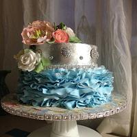 Blue Ruffles and Silver Leaf Engagement cake, with sugar flowers x (last cake for 2013!)