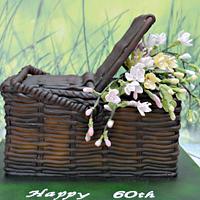 Wicker Basket filled with Freesia Cake