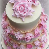 Pink cherry blossom and rose Wedding cake 