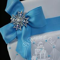Blue, White, and Bling Damask Wedding Cake