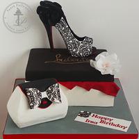 Louboutin high heel fondant shoe, purse & wafer paper flowers made by tante pollewop.com