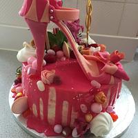 Pink shoe drip cake