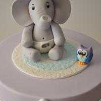 Baby Elephant and Owl Baby Shower Cake