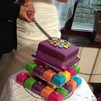 Brightly coloured Mini Square Cakes and matching top cake