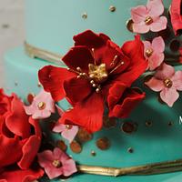 Turquoise and red wedding cake