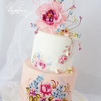 Hand Painted Cake with Wafer-Paper Flowers