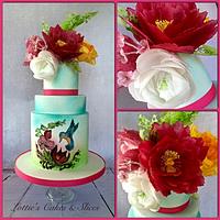 Handpainted Kingfisher Wedding cake with Wafer Paper Flowers. 