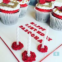red , white & gold letter cupcakes 