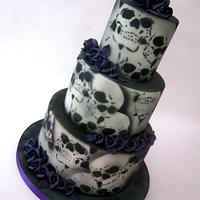 3 Tier Purple Roses & Airbrushed Skull Wedding Cake