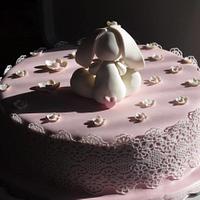 Pink lace cake with little rabbit for a little princess