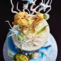 Underwater Scene Cake with Seahorse Couple Topper