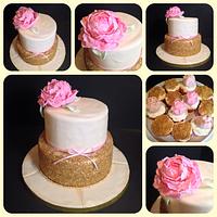 Gold sparkly cake w peony topper