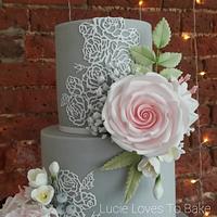 Grey and Pink Floral Lace Wedding Cake