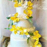 Yellow Orchids Wedding Cake