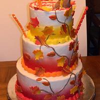 Fall Leaves with Squirrel Triple Birthday Cake