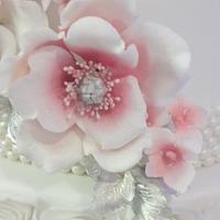 3 tiered pearls and peonies vintage wedding cake