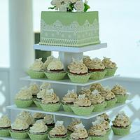 Sage Wedding Cake & Cupcake Tower