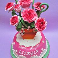 vintage pot of roses
