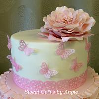 Ruffles, Butterflies and Open Peony Rose Cake