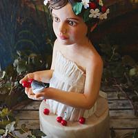 Little girl with swallow, jasmines and cherries