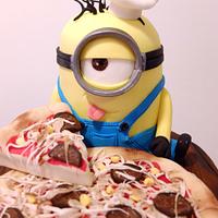 Minion chef with pizza.