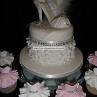 Diamante Shoe cake with dress cupcakes
