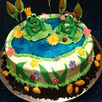 Frogs on Lily pad engagement cake