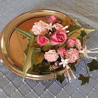 Spray of hosta leaves, rose, carnations and jasmine