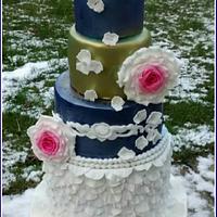 Blue and gold bridal cake