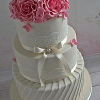 Ivory Wedding Cake with Pink Roses