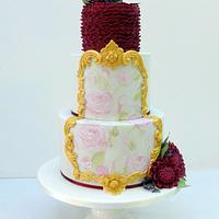 Wedding cake with painted rose a dahlia