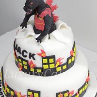 Burning Godzilla cake