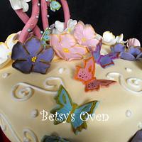 Floral Cake with Butterfly Cupcakes for an 80th Birthday