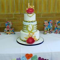 3 tier chevron and peony wedding cake