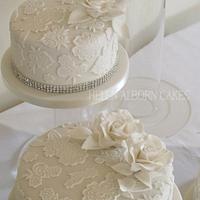 Ivory Lace and Diamante Wedding Cake