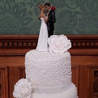 White lace and peony wedding cake